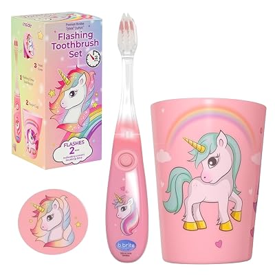 Lily's Home Kids Flashing Timer Toothbrush Kids with Soft Bristles, Rising Cup & Cover - Fun 2-Min Light-Up Brushing for Children - Toddler Soft Toothbrush Kit (Unicorn)