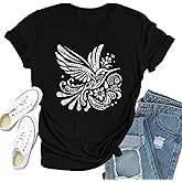 Qskall Womens Hummingbird Shirt Vintage Bird Lover T-Shirts Funny Floral Tee Tops