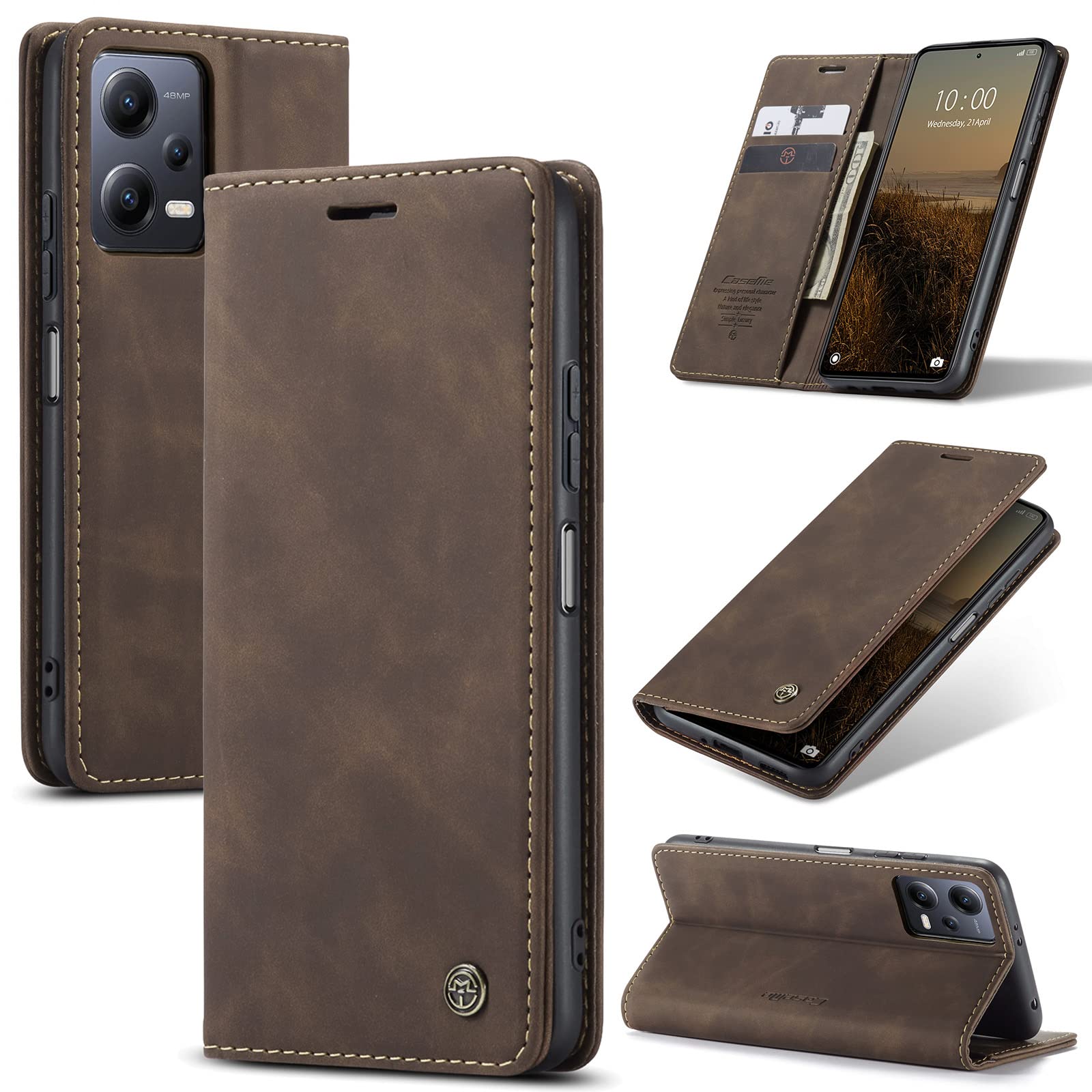 UFinetech Xiaomi Redmi Note 12/POCO X5 Case - Slim Leather TPU Wallet Redmi Note 12/ Xiaomi POCO X5 5G Cover with Magnetic Closure, Kickstand, Card Holder - Shockproof Protection for Men Women, Coffee