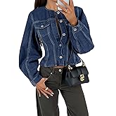Tankaneo Womens Cropped Jean Jacket Trendy Crewneck Button Down Short Denim Jacket Y2k Slim Fit Casual Shacket