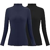 Herou 2 Pack Women Lettuce Trim Ribbed Knit Long Sleeve Top Mock Neck Basic Layer Tops Turtleneck Thermal Underwear Tops