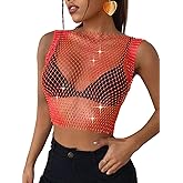 ChiaoLezhee Iridescent Rhinestone Crop Top, Rave Concert Festival Outfits Women, Sexy Sparkly Fishnet Tanks, Sheer Mesh Shirt