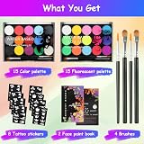 URAQT Face Paint Kit 15 Color + 15 Neon Fluorescent UV Paints 2 Brushes 80 view 3