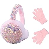HYHFM Winter Ear Muffs Gloves Set for Kids with Adjustable Sequins Shiny Fluffy Warm Earmuffs for Kids Outdoor Cold Weather