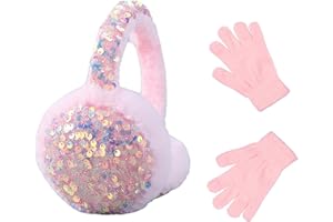 HYHFM Winter Ear Muffs Gloves Set for Kids with Adjustable Sequins Shiny Fluffy Warm Earmuffs for Kids Outdoor Cold Weather