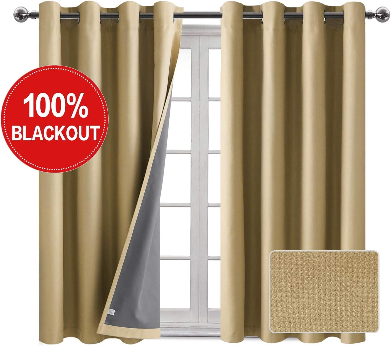 DWCN Faux Linen 100% Blackout Curtains with Thermal Back Coating - Insulated Curtains for Living Room and Bedroom, 52 x 45 inch Length, Set of 2 Beige Curtain Panels