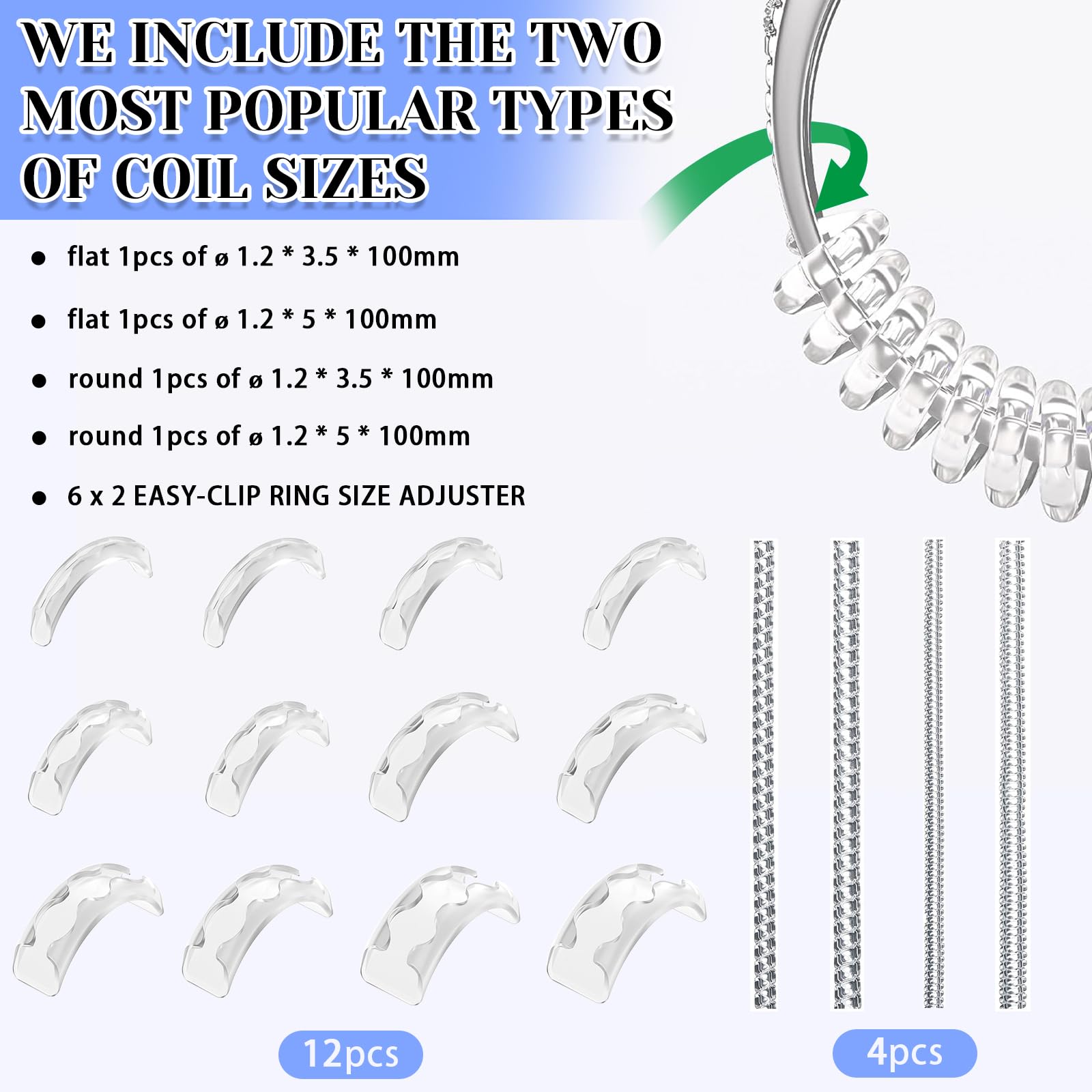 Eiito Eiito Ring Sizers for Loose Rings, 16 Pack Ring Guards for Loose Rings, Reduce by 0.5-1 Size Without Resizing, Fits Bands 1-8mm, Invisible Design for Women and Men, 2 Styles Insert and Spiral