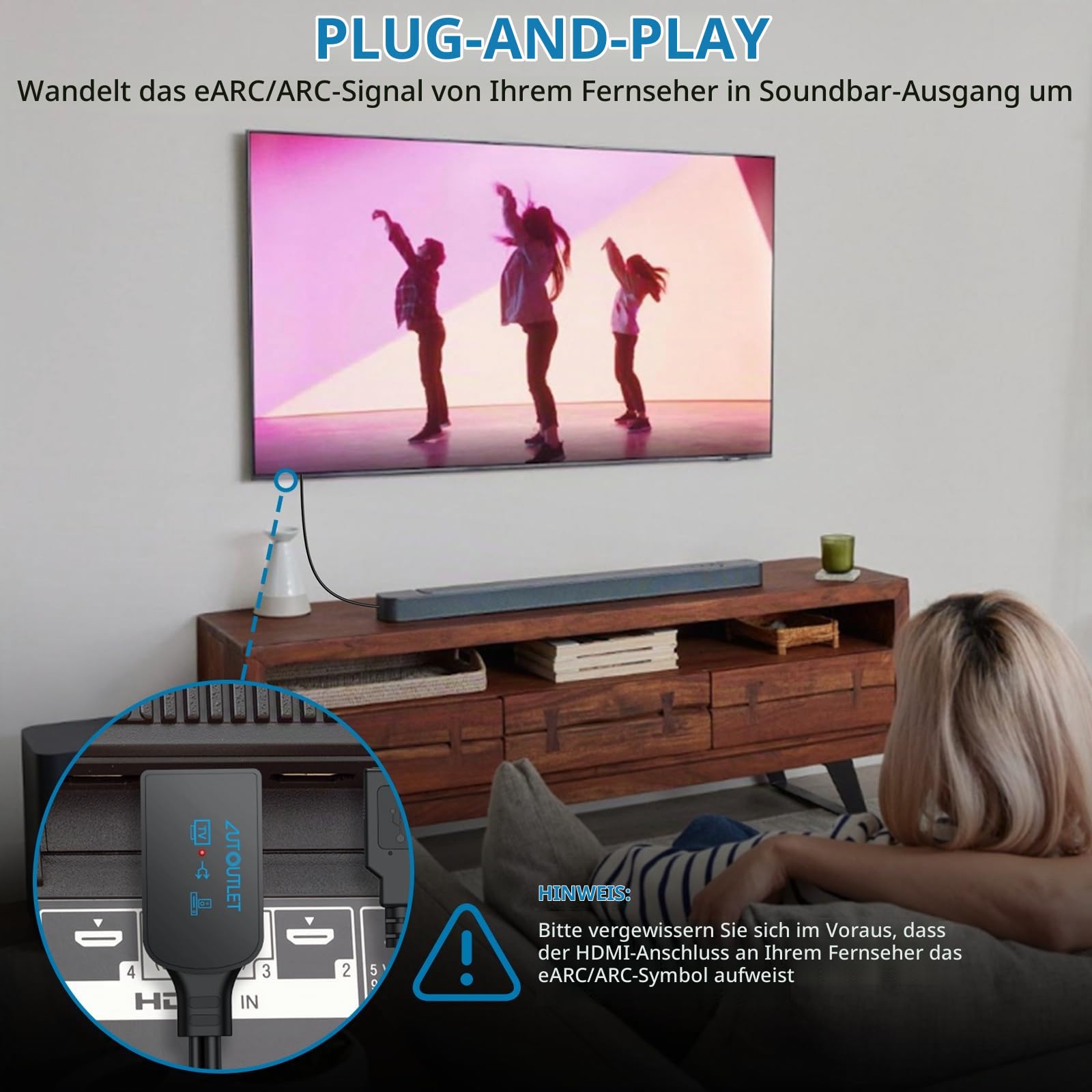 AUTOUTLET HDMI eARC/ARC Audio Extraktor, 192kHz eARC ARC zu Optisch Konverter, All-in-One 150cm Audio Extractor Adapterkabel unterstützt Dolby DTS 5.1 PCM 2.0 für TV zu Soundbar Lautsprecher Heimkino 4