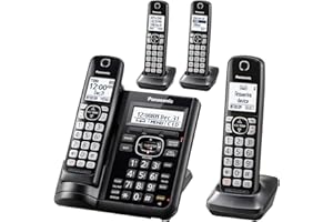 Panasonic Cordless Phone System with Answering Machine, One-Touch Call Block, Enhanced Noise Reduction, Talking Caller ID and Intercom Voice Paging - 4 Handsets - KX-TGF544B (Black)