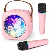 Mini Karaoke Machine with 2 Wireless Microphones, Portable Bluetooth Speaker for Kids & Adults, Ideal Birthday for Girls Boys Ages 3-12, Home Party Travel Entertainment Toy(Pink)