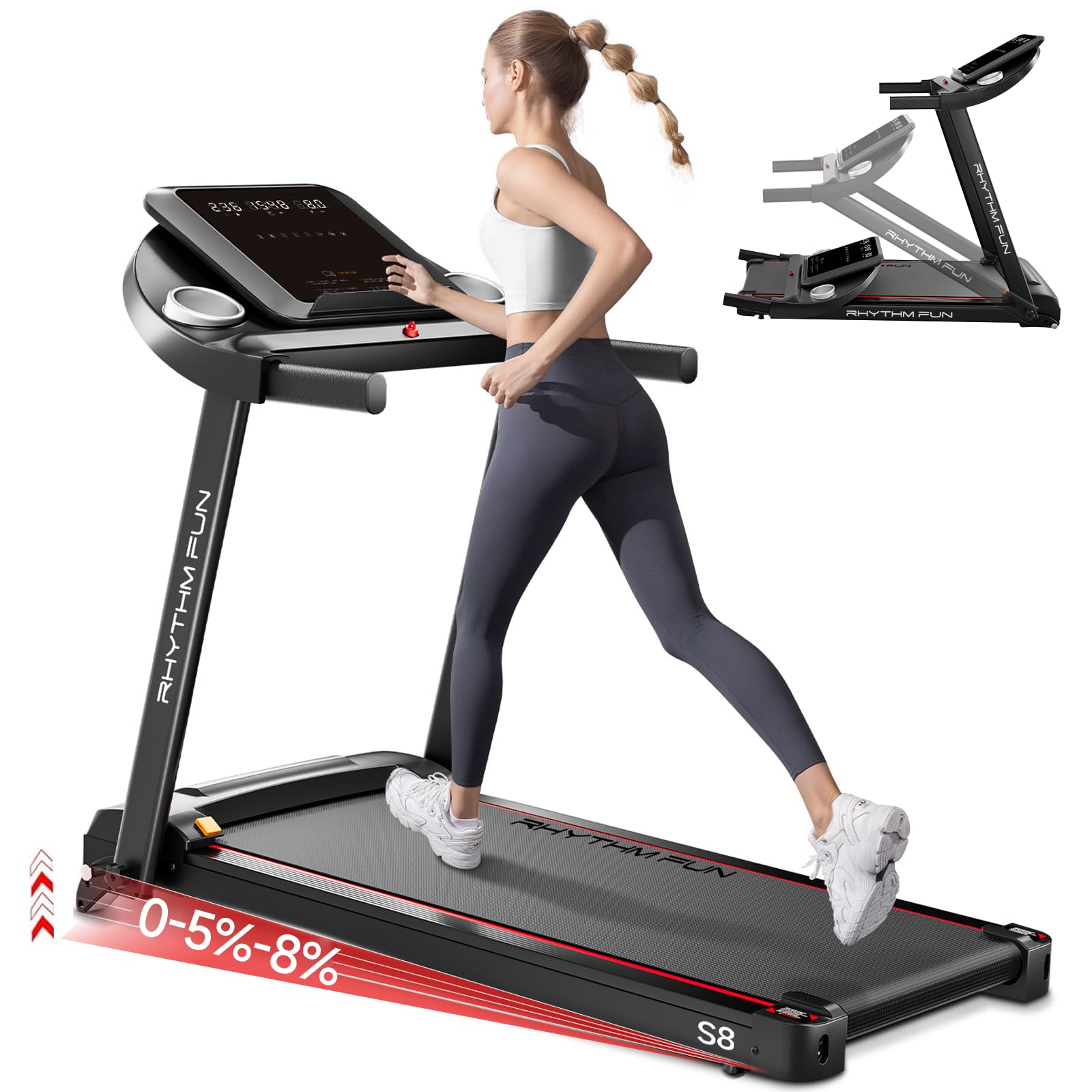 Photo 1 of RHYTHM FUN 8.0 MPH Treadmills for Home, Running Walking Pad Treadmill with Incline up to 8%, Foldable Treadmill with Handle Bar, Low Noise Walking Pad for 300 lbs