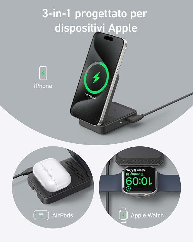 MagGo Caricatore Wireless iPhone 15W, Base di Ricarica 3 in 1