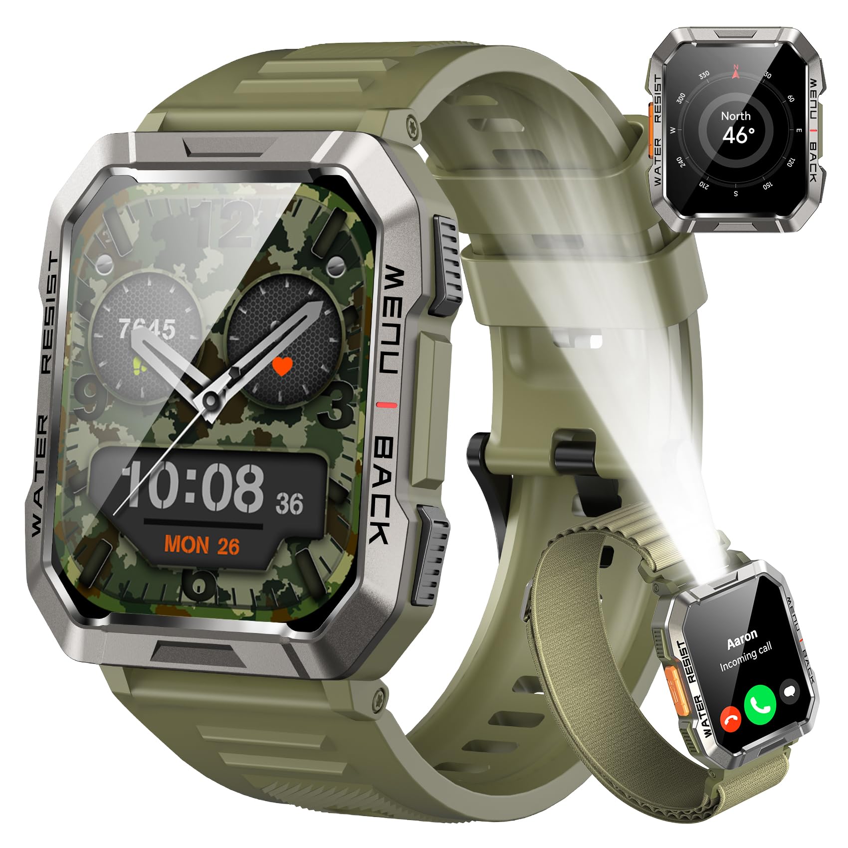 Smartwatch Men Military, 100 Days Battery Life/LED Flashlight/Compass/2 Wristbands/IP68 Waterproof, 100+ Sports Modes Sports Watch, Make/Receive Calls Smartwatch Outdoor Fitness Watch for Android iOS