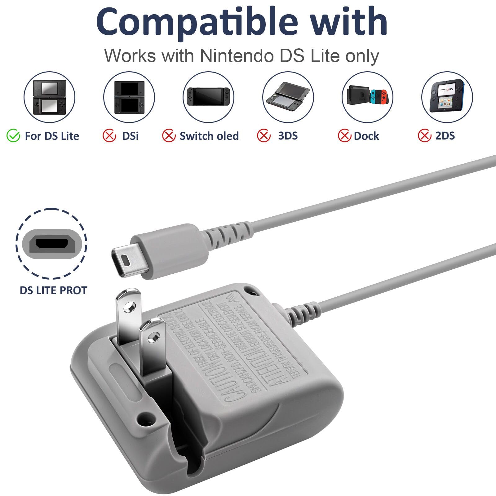 DS Lite Charger,Compatible with Nintendo DS Lite 100-240V Wall Plug Adapter, with USB Charging Cable for Nintendo DS Lite