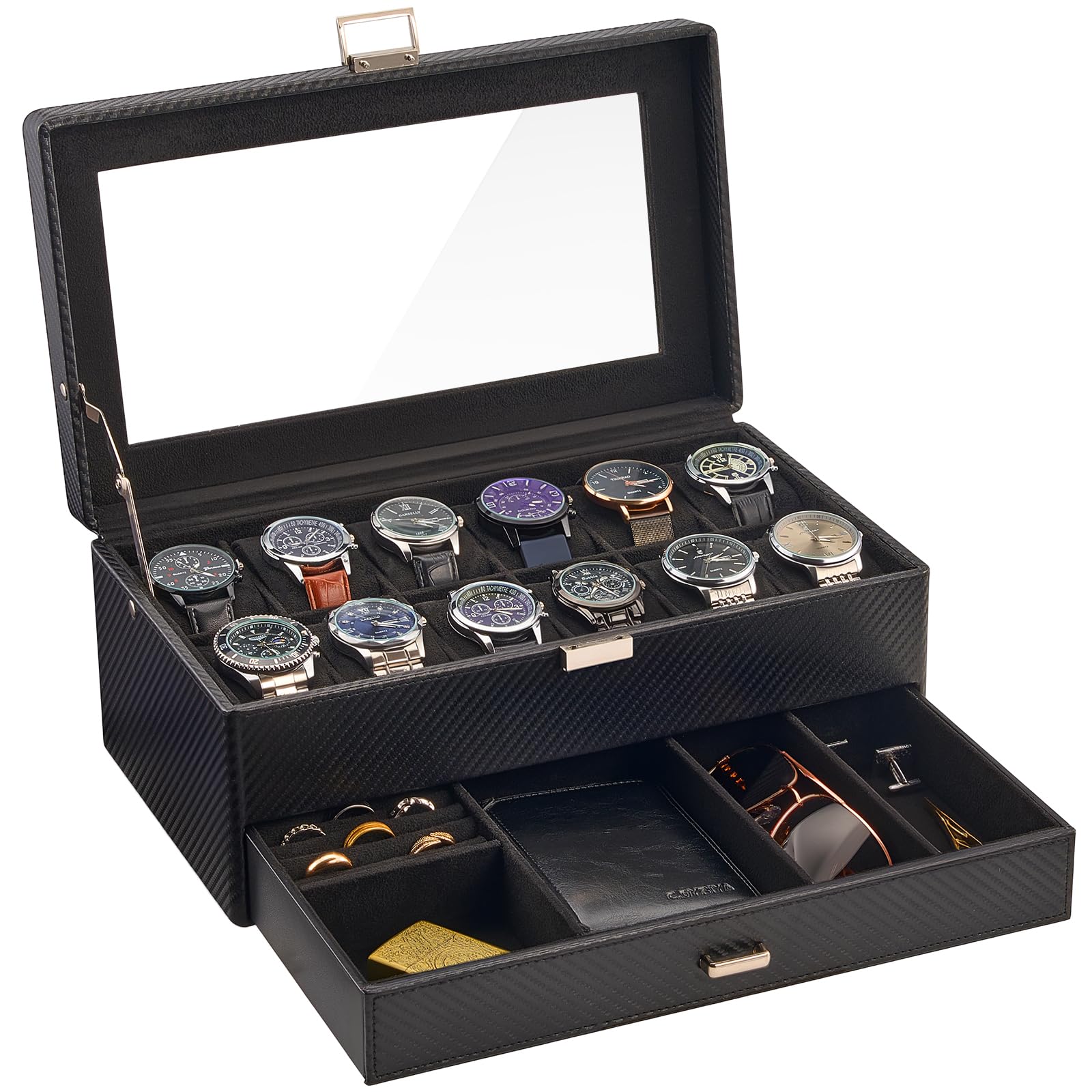 Photo 1 of ***(HEAVILY USED/ MINOR DAMAGE)***ProCase 12 Slot Watch Box for Men, 2-Layer Watch Display Case with Glass Lid, Watch Holder with Drawer, Jewelry Storage Organizer for Watches Sunglasses Rings Necklaces -Allblack