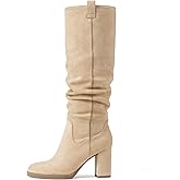Suede Knee High Boots for Women - Tall Chunky High Heel Dress Boot with Side Zipper, Round Toe Ruched Slouch Block Long Boots for Ladies, Stylish Fall Boot for Work, Party & Everyday Wear