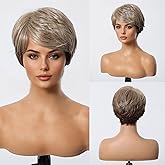 DWY Short Pixie Cut Wigs for Women Blonde Wig Human Hair Blend Synthetic Fiber Natural Short Wigs with Fluffy Bang Lightweight Breathable Heat Resistant Wig