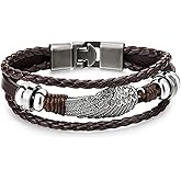 COOLSTEELANDBEYOND Eagle Wing Brown Braided Leather Bracelet for Men Women Three-Row Leather Wristband with Bead Charms