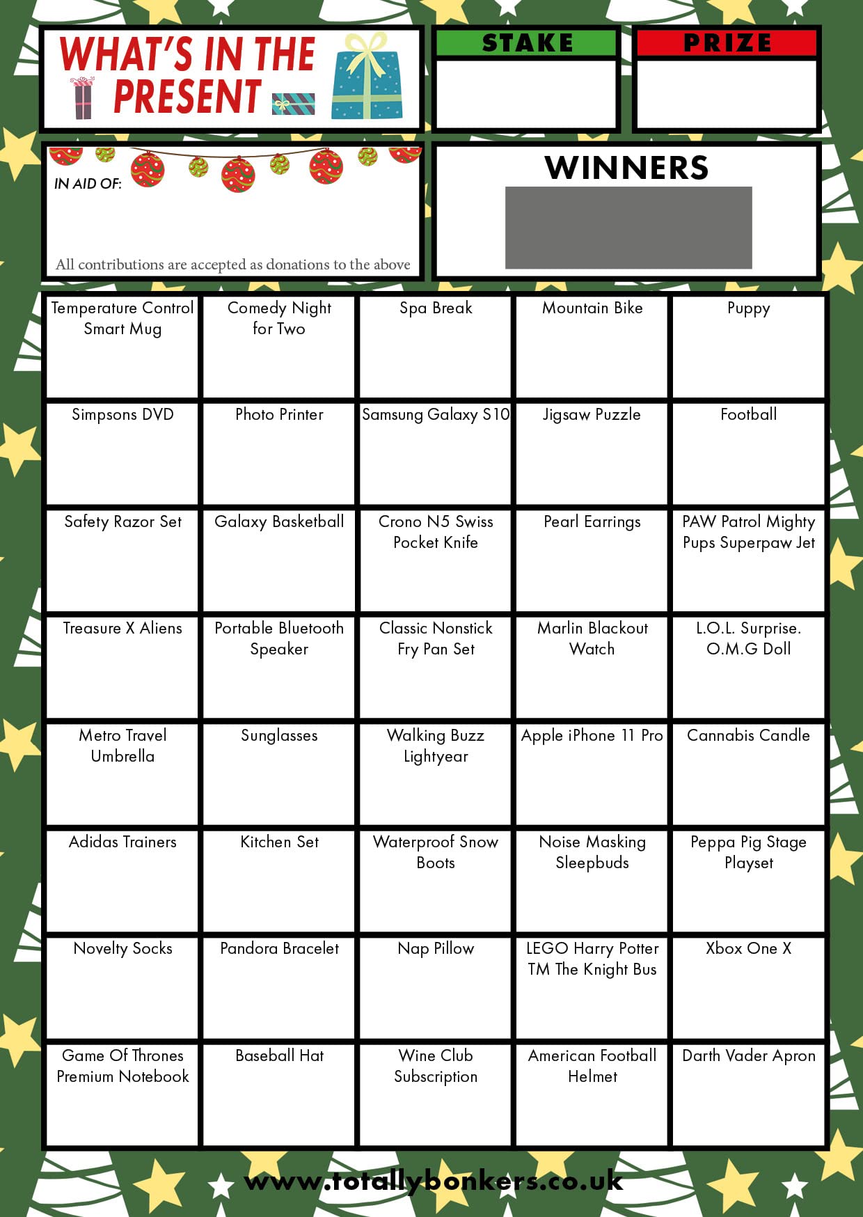 Christmas What's in the Present Fundraising Scratch Cards (10 Pack) 40 squares Xmas