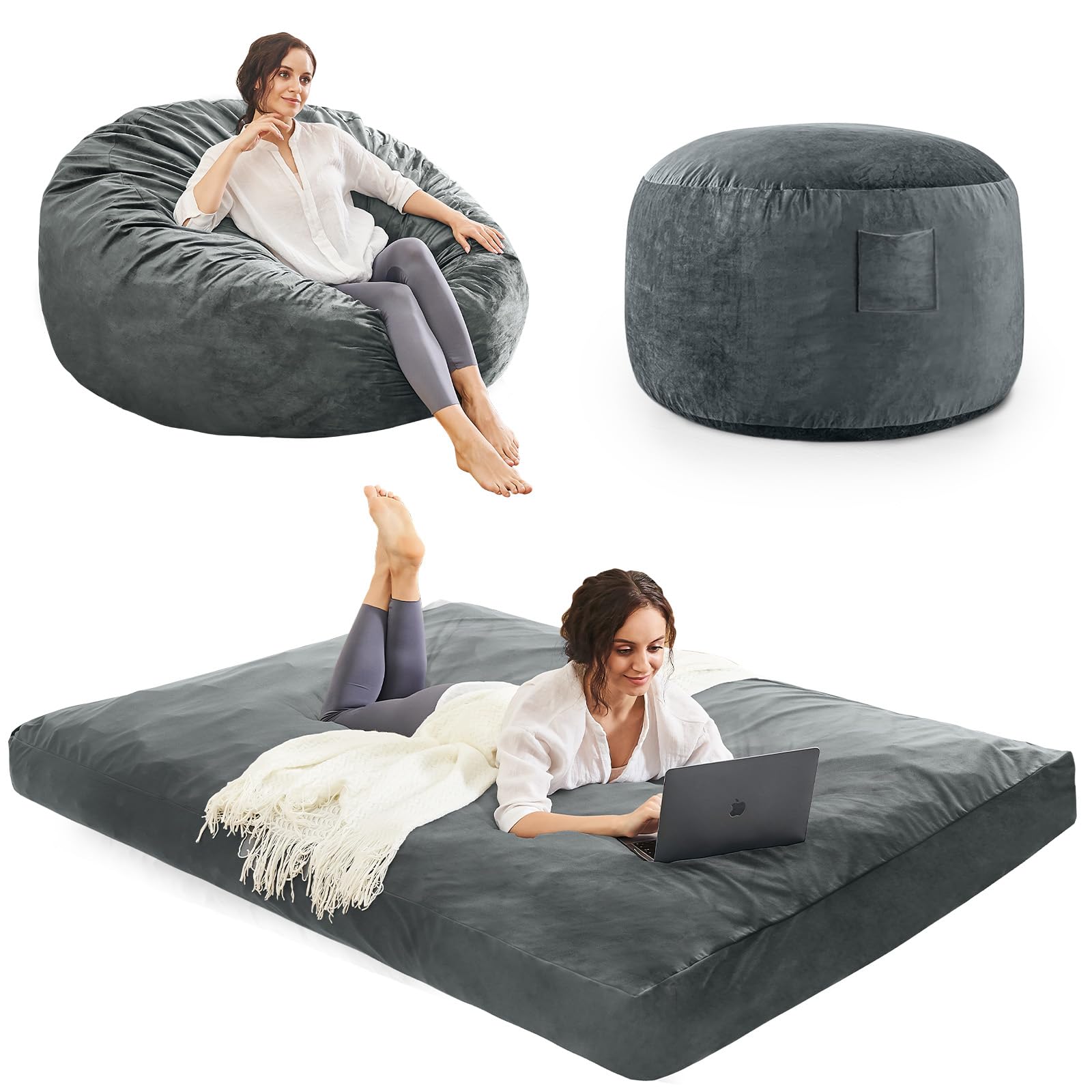 Bean Bag Chairs for Adults - Giant Bean Bag Chair Convertible Bean Bag Bed - Beanbag Chair with Micro Fiber Cover/Furniture Foam Filler - Floor Couch Sofa in Bedroom Dorm Room - Medium Charcoal