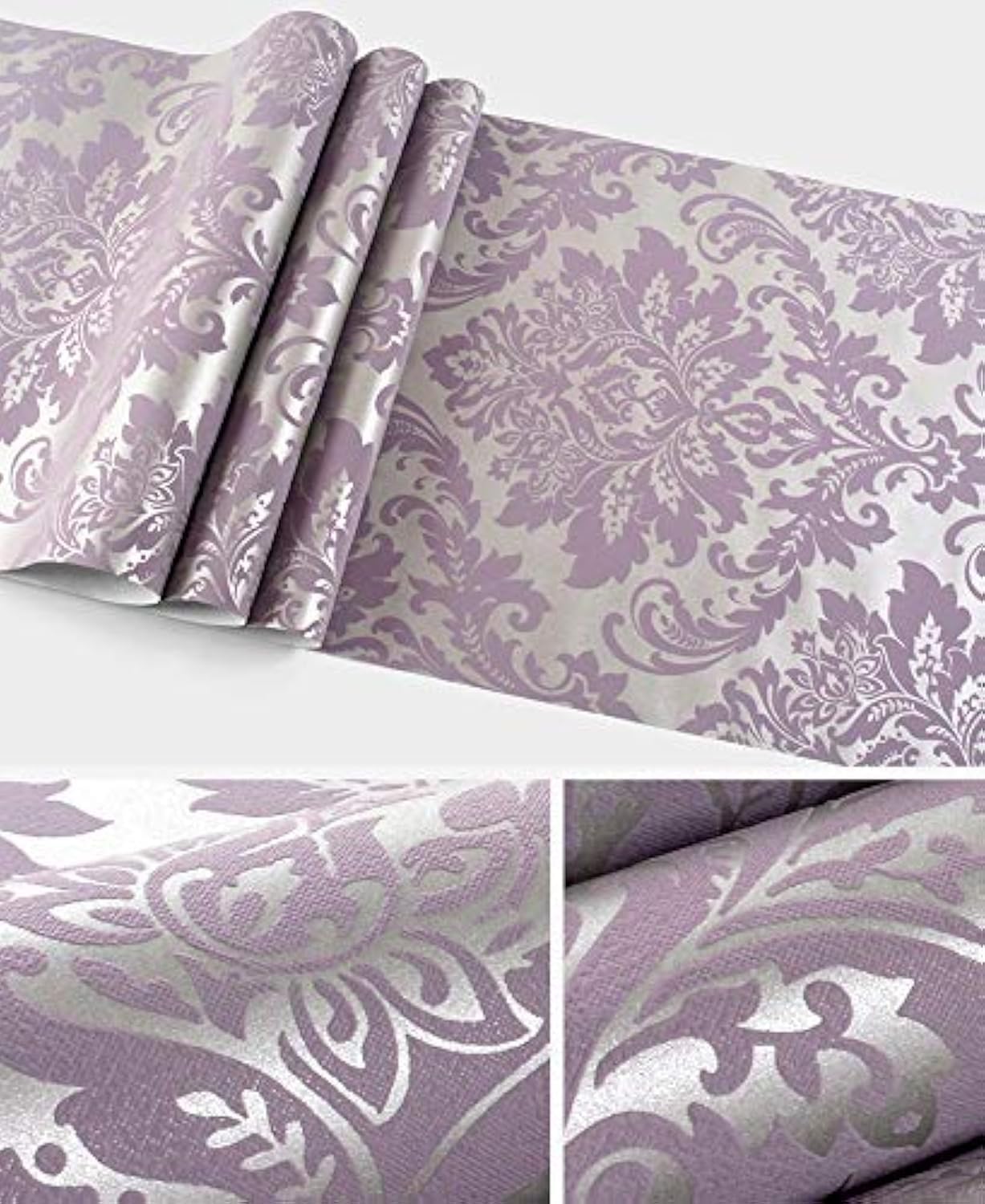 Prior.choice 9.5X0.53M Luxury Damask 6 Colors Luxury Embossed Flock Textured Non-Woven Wallpaper Roll for Bedroom Livingroom 1.73' W x 31.2' L=5.035㎡ (54sq.ft) (Purple)