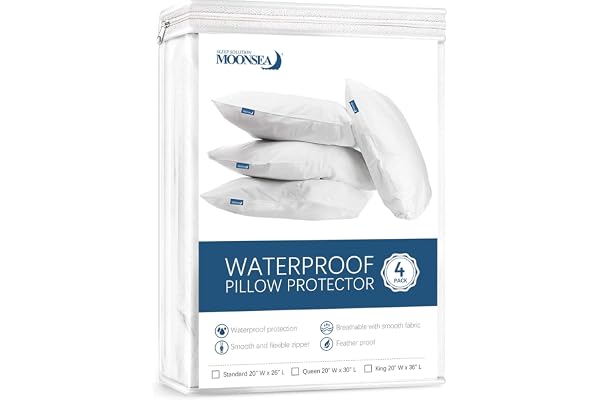 Pillow Protectors Queen 4 Pack, Waterproof Pillow Cover White, Bed Bug Proof Pillow Protector , Zippered Pillow Protectors 20
