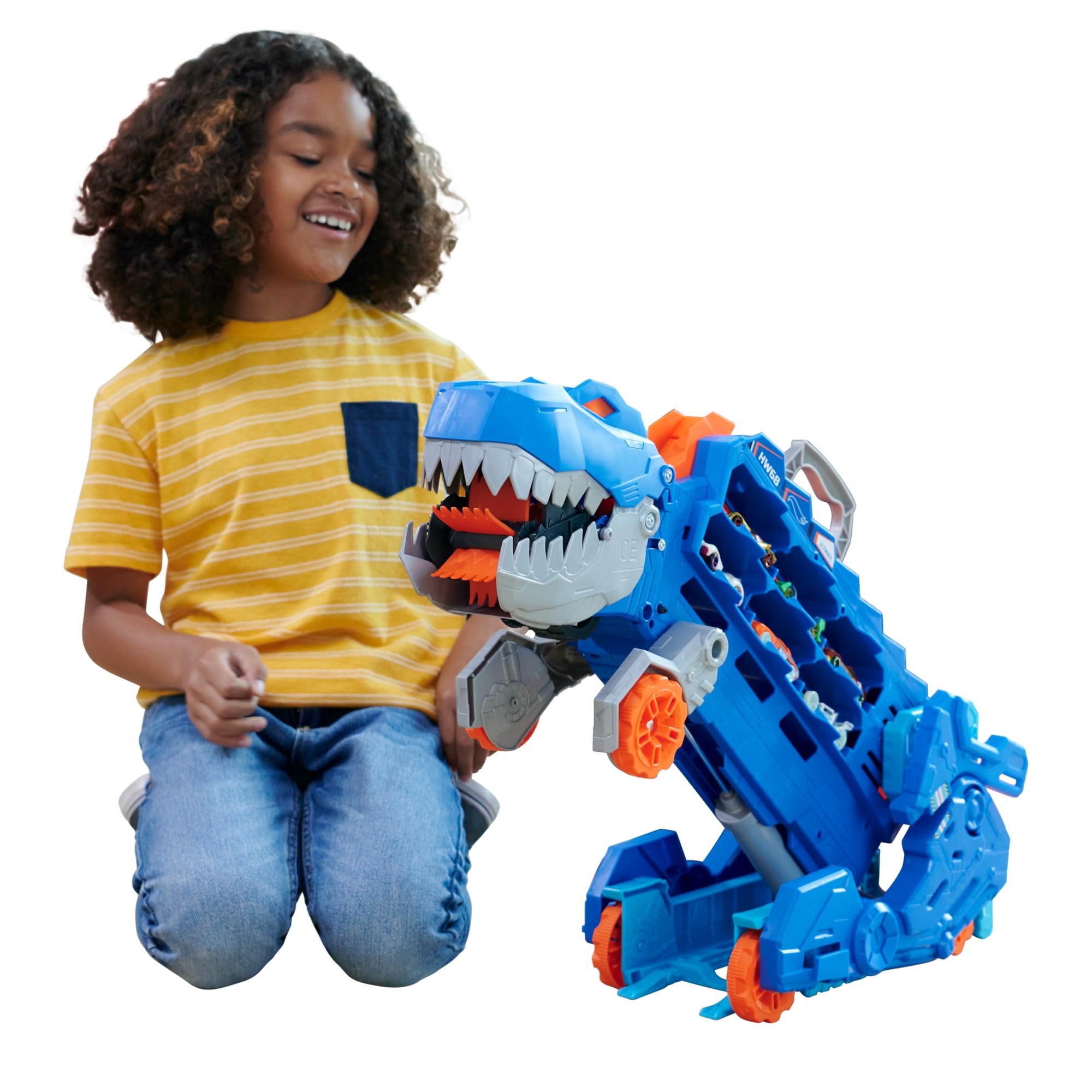 Photo 1 of Hot Wheels City Toy Car Track Set, Ultimate T-Rex Transporter, Dinosaur Hauler for 20+ Vehicles, Semi Transforms into Dino with Lights & Sounds