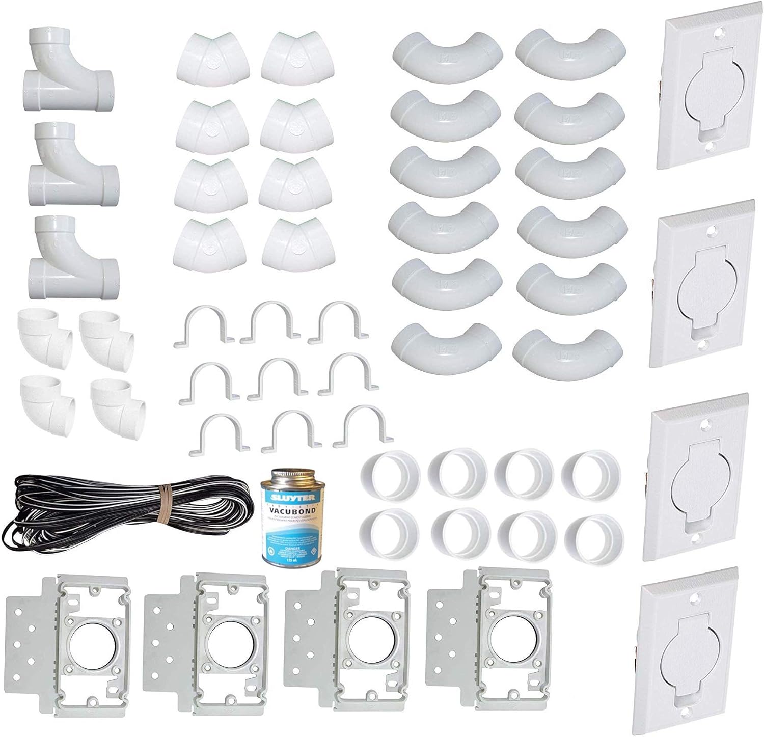 ZVac Universal Central Vacuum 4 Inlet Installation Kit Pre-Packaged with Wall Plates, Elbows, Brackets, Couplers, Sweep Ts, Pipe Straps Compatible with Central Vacuum Systems NuTone, Beam & More