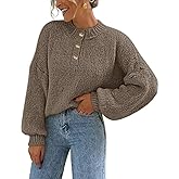 MEROKEETY Women's 2025 Fall Oversized Sweaters Chunky Long Lantern Sleeve Buttoned Mock Neck Winter Knit Loose Pullover Tops