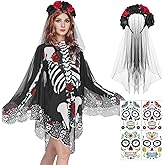 Forfamy Halloween Skeleton Costume Poncho Adult Women, Day of the Dead Costumes Cloak with Rose Flower Headband Skull Tattoos