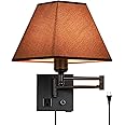 PULLCU Swing Arm Wall Lamp.Plug in Wall Sconces with USB Port and AC Outlet.Sconces Wall Lighting Coffee Fabric Shade with Dimmable Switch for Hallway Bedroom Living Room.Black Finish.