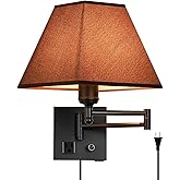 PULLCU Swing Arm Wall Lamp.Plug in Wall Sconces with USB Port and AC Outlet.Sconces Wall Lighting Coffee Fabric Shade with Dimmable Switch for Hallway Bedroom Living Room.Black Finish.