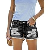 Dwnipkq Women’s Stretchy Ripped Mid Waisted Denim Shorts Casual Frayed Raw Hem Trendy Jean Shorts