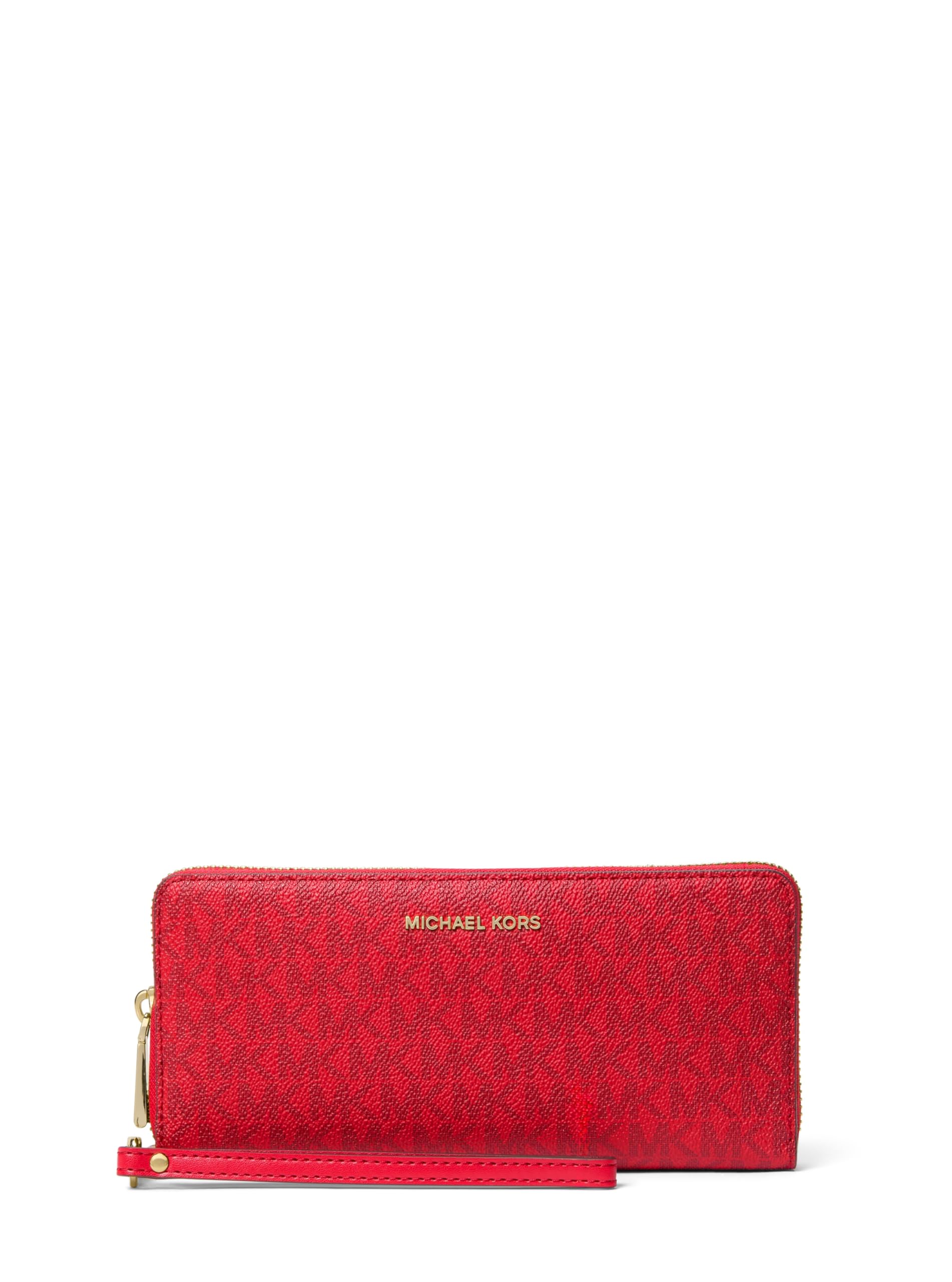 Michael Kors Jet Set Travel Continental, Gold-Tone Hardware/Tonal MK Signature Coated Twill/Crimson Multi Image