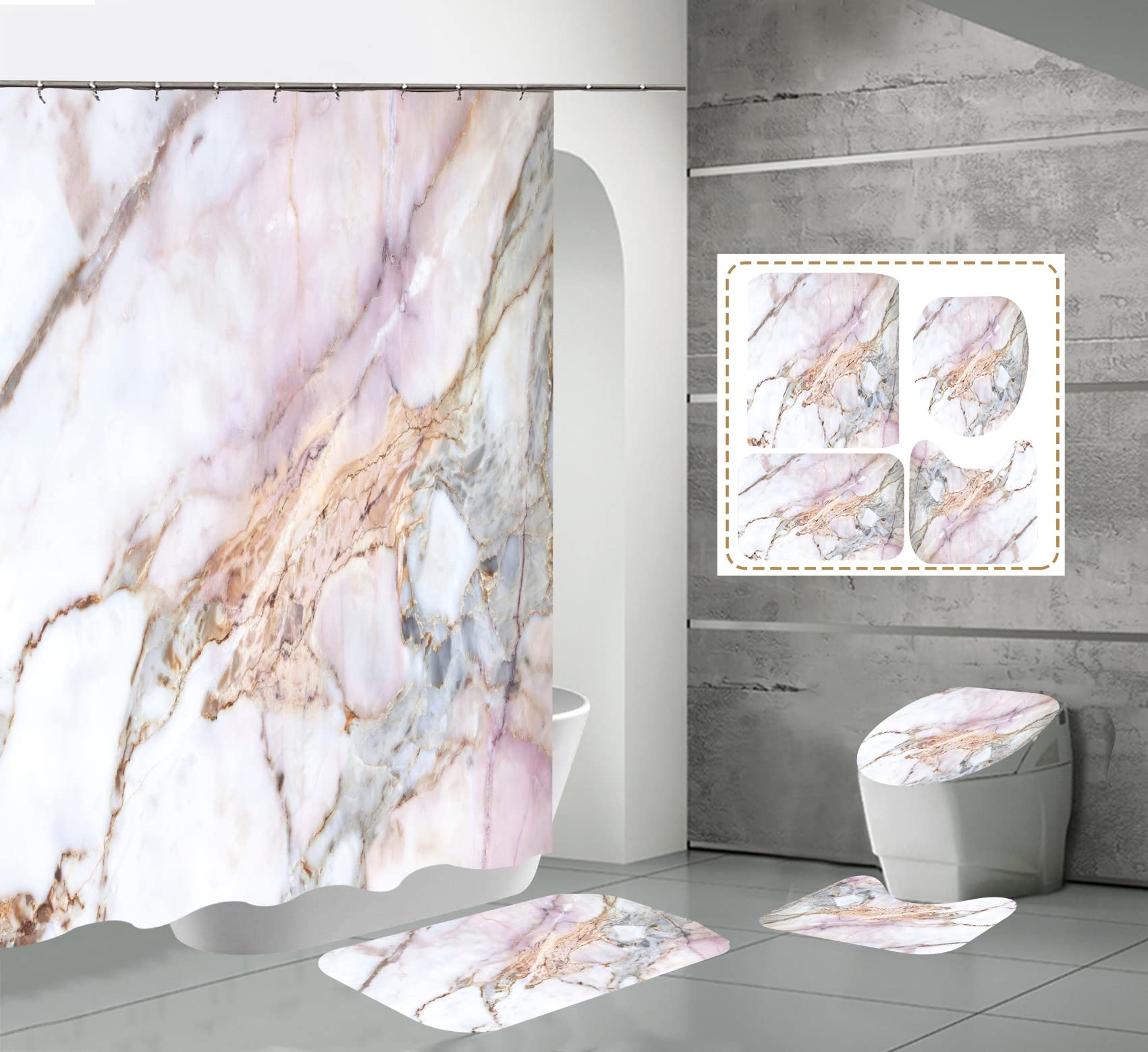 YULUOSHA 4 Pcs Marble Texture Shower Curtain Set with Non-Slip Rugs, Toilet Lid Cover and Bath Mat Natural Marble Abstract Shower Curtain Bathroom Decor with Hooks-White Pink Grey