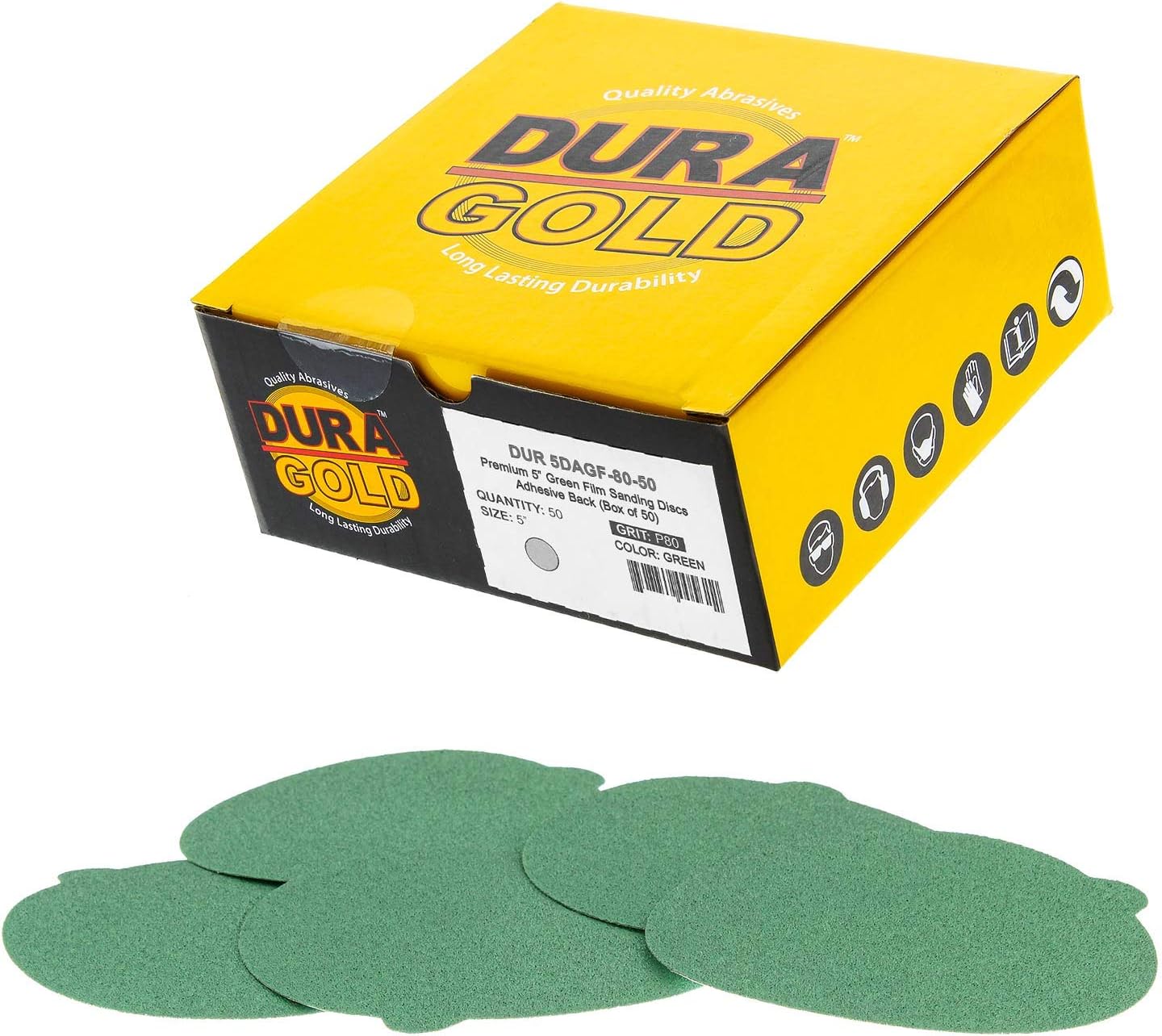Dura-Gold - Premium Film Back - 80 Grit 5" Green Film - PSA Self Adhesive Stickyback Sanding Discs for DA Sanders - Box of 50 Sandpaper Finishing Discs for Automotive and Woodworking - - 