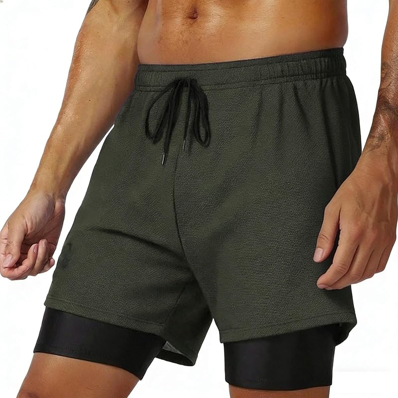 Gym Shorts for Men Summer 2-in-1 Running Shorts Breathable Quick Dry Mesh Swim Trunks Compression Liner Sports Short
