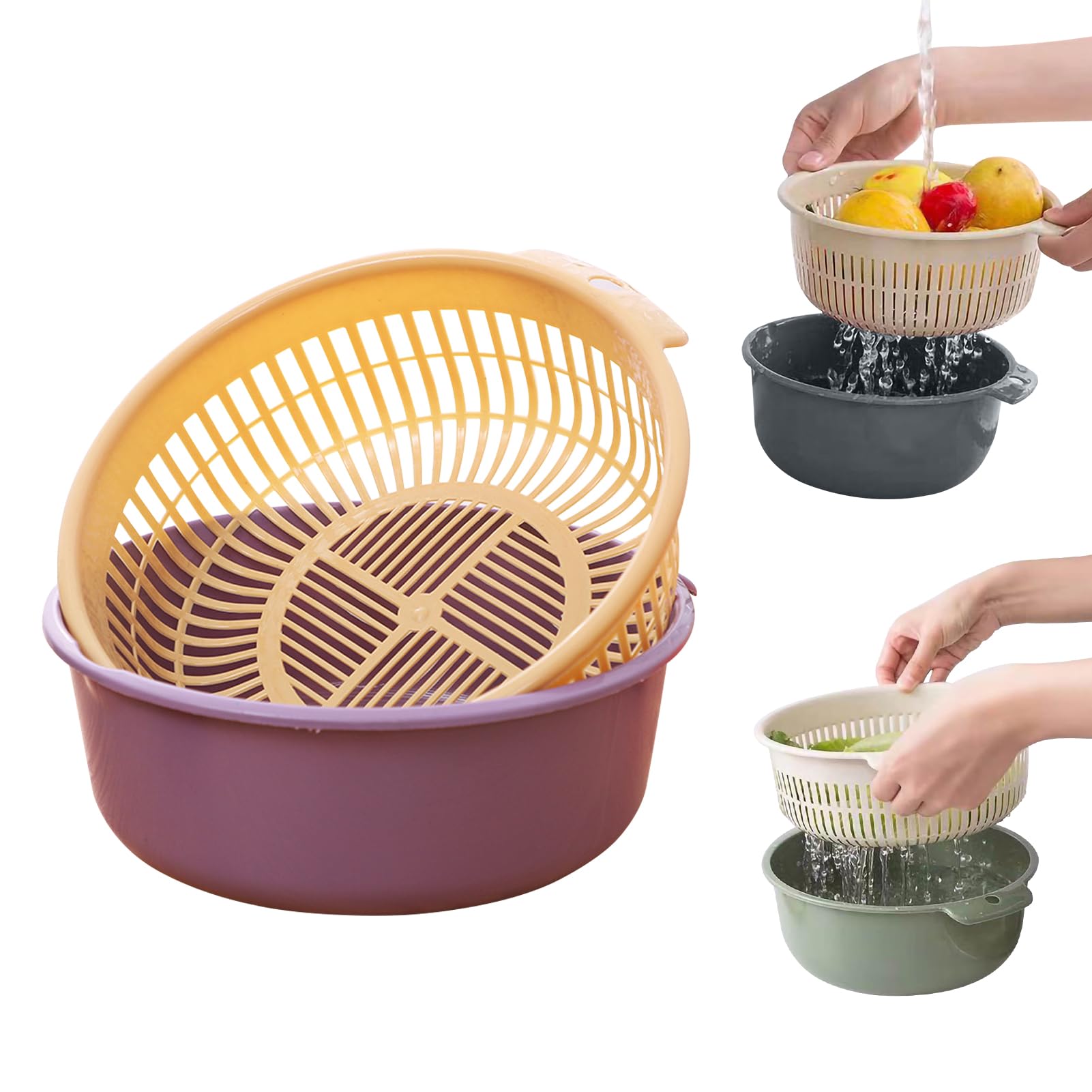 Large Kitchen Strainer Colander Bowl Sets,Double-Layer Plastic Fruits Vegetable Washing Basket, Drain Bowls for Cleaning Washing Mixing, Detachable for Pasta Salad Berry(Large and Medium and Small)