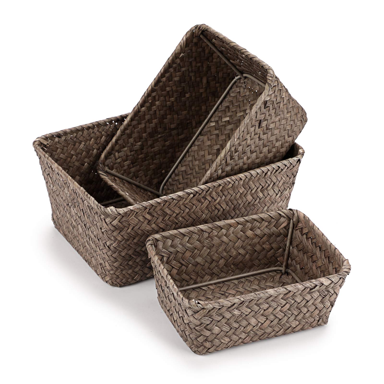 IGNPION Set of 3 Seagrass Storage Basket Woven Seagrass Desktop Basket Rectangular Organiser Box Shelves & Desks Decorative Basket for Sundries Stationery Toys Cosmetics Books (Coffee)
