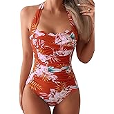 Eomenie Women One Piece Tummy Control Swimsuit Halter Scallop Trim Bathing Suits 1 Piece Vintage Ruched Slimming Swimwear