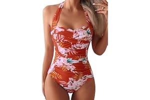 Eomenie Women One Piece Tummy Control Swimsuit Halter Scallop Trim Bathing Suits 1 Piece Vintage Ruched Slimming Swimwear