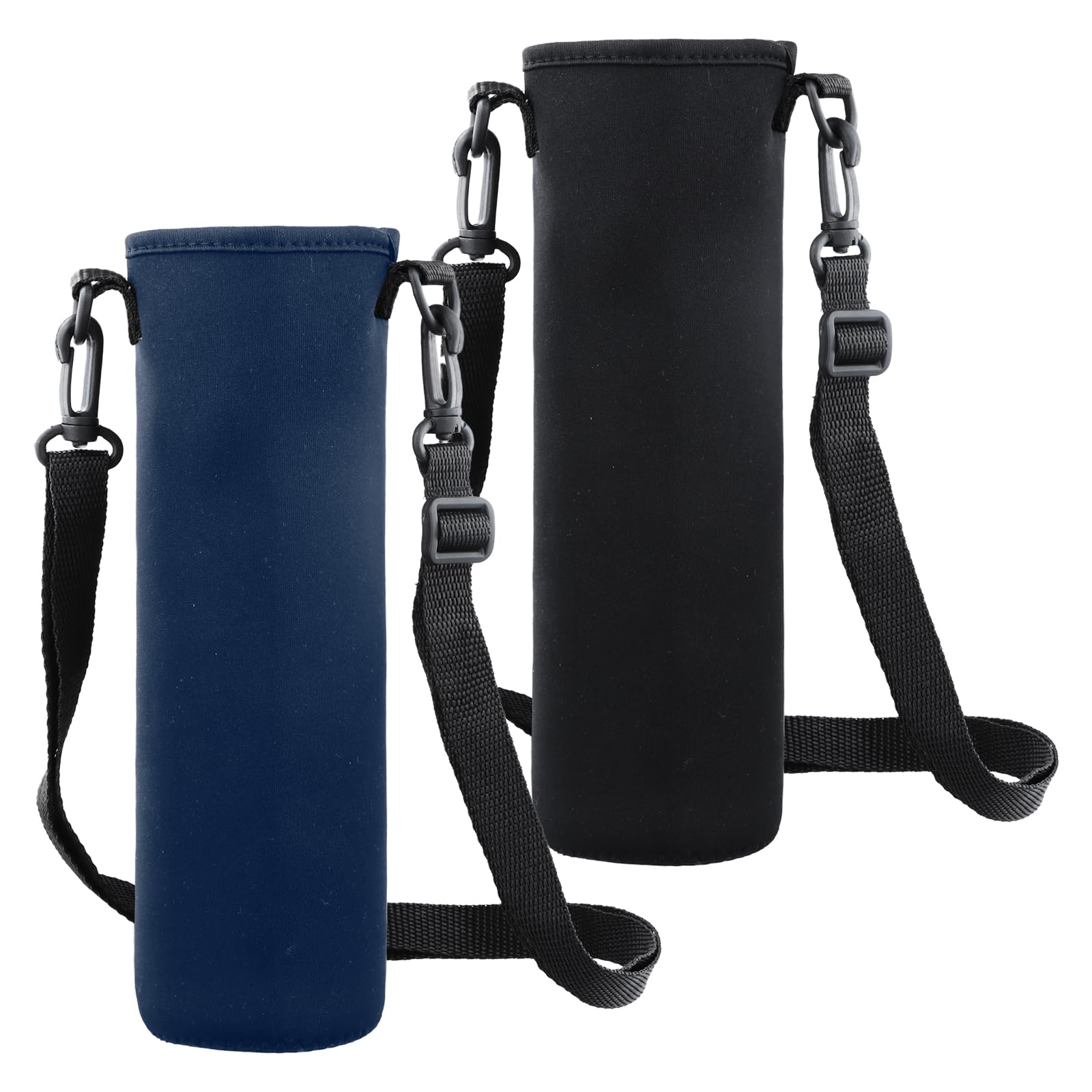 Shengxi 2 Pcs Water Bottle Carrier Bag, 8 × 25 cm 1500ml Neoprene Holder, Carrier with Shoulder Strap Water Bottle with Strap for Hiking Walking Trekking (Black+Dark Blue)