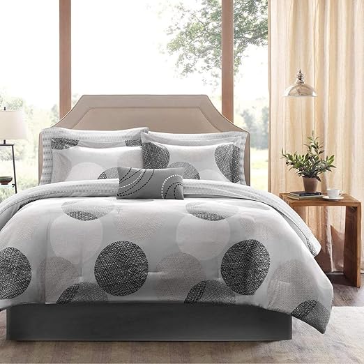 9 Piece Grey Black White Dots Theme Comforter King Set, Chic All Over Geometric