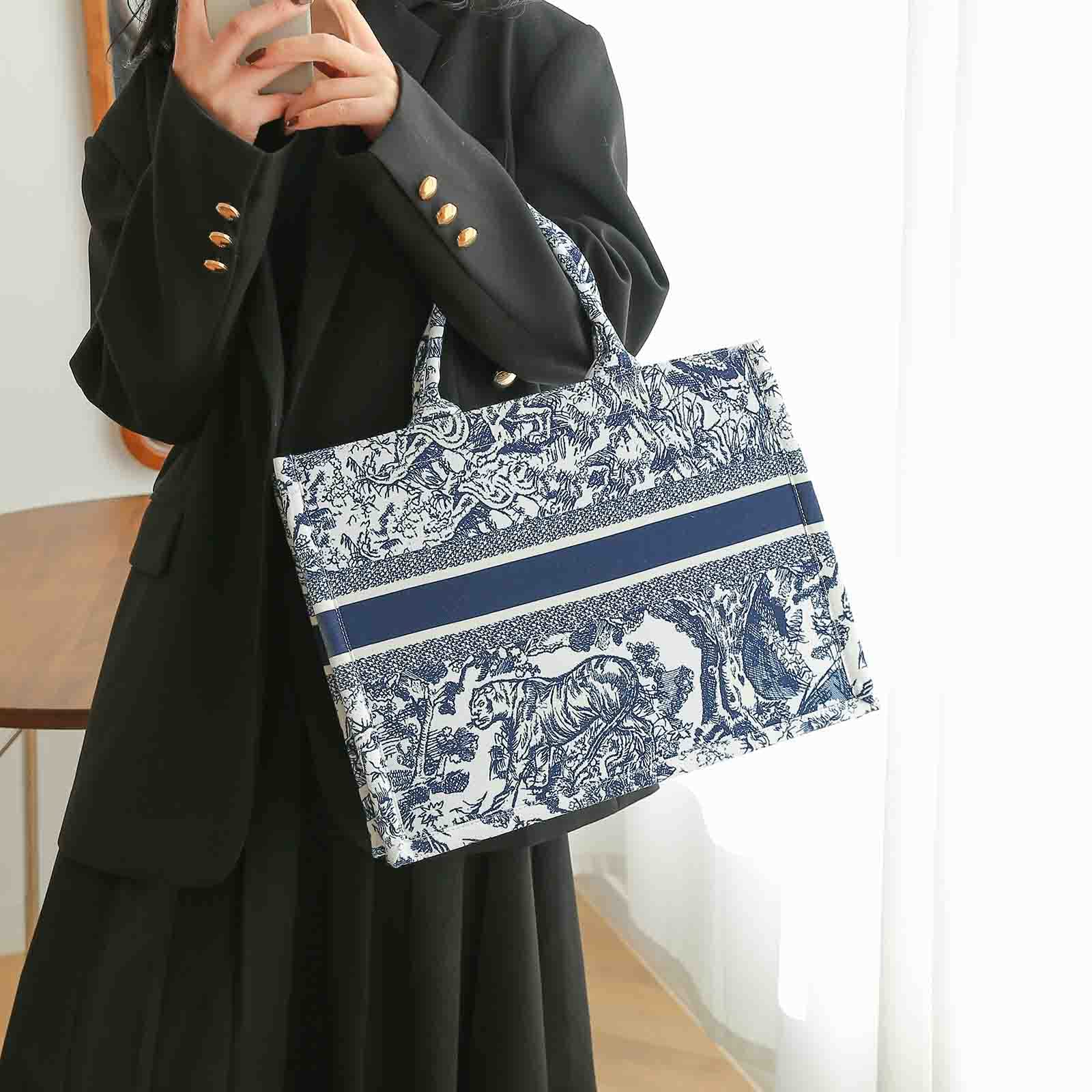 Fashion luxury tote bag cotton linen one shoulder handbag large capacity jacquard embroidery retro exquisite graffiti, Blue, Grande