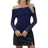 Gleeneat Long Sleeve Sexy Tops for Women Off The Shoulder Shirt Slim Going Out Ruched Fall Trendy Clothes