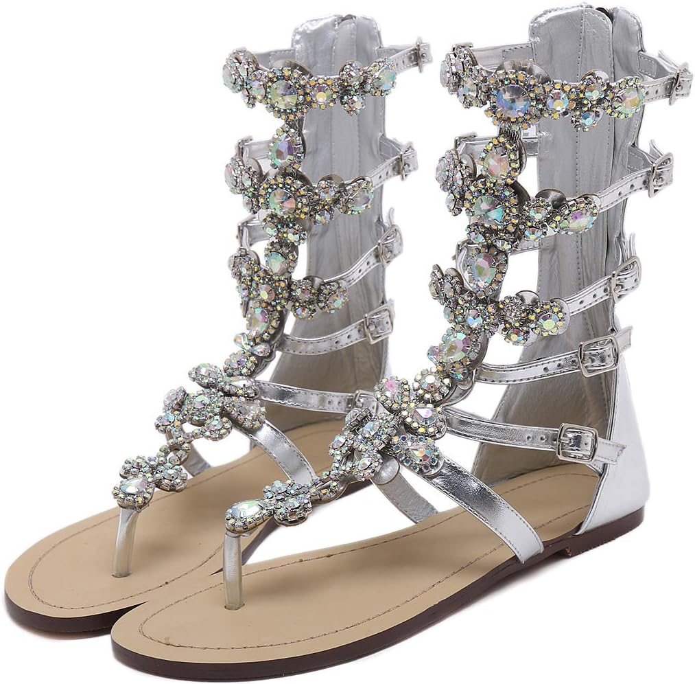 Stupmary Women's Gladiator Sandals Flat Heels Flip Flops Sandalias Crystal Floral Beach Shoes Silver, 8