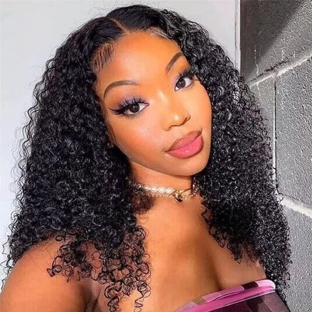 LOVFIR Curly Human Hair Wigs for Women Lace Front 4x4 Transparent Pre Plucked Middle Part frontal 150% Density Natural Black Color 16 inch, 1.0 count