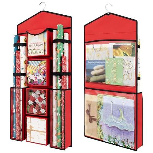 Capslpad Hanging Gift Wrapping Paper Storage 122X61x13cm Oxford Cloth Christmas Wrapper Bag Container Multifunctional Double-Sided Gift Wrap Holder for Bedroom Closet, Door, Cabinet, Red