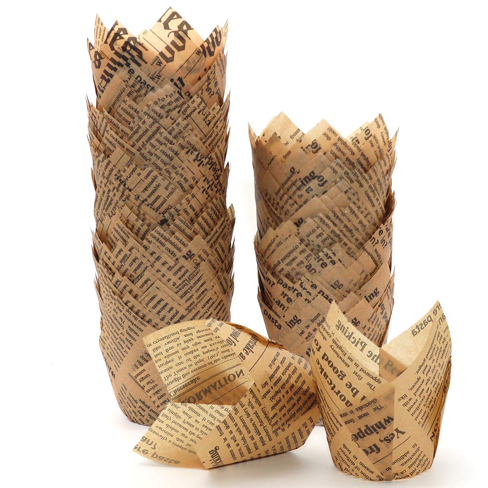 Photo 1 of 150pcs Tulip Cupcake Liners Baking Cups Muffin Liner Grease-Proof Paper Cupcake Wrappers for Wedding, Birthday Party, Standard Size (Natural Newspaper Printed)