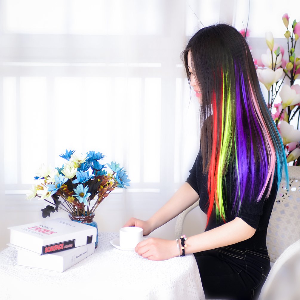 12 Pieces Party Highlights Clip in Colored Hair Extensions for Kids Girls Colorful Hair Extensions 22 inches Straight Synthetic Hairpieces 12 Multi-Colors